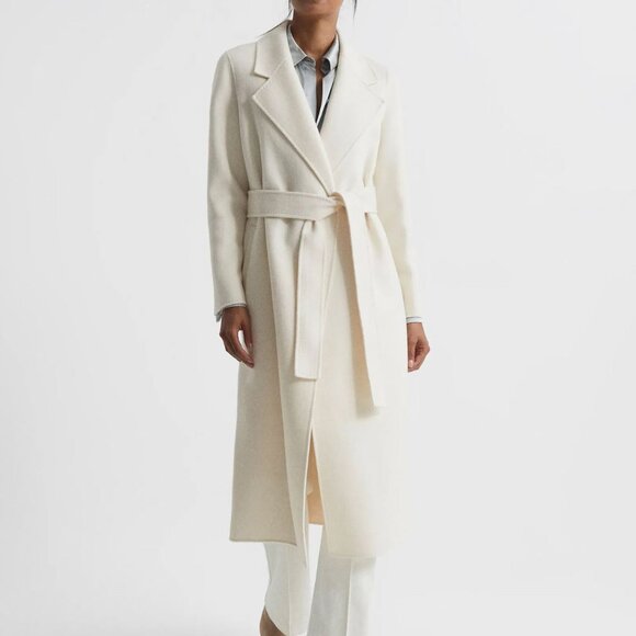 NWT White Premium Wool Blend Classic Belted Long Winter Wrap Coat - Picture 9 of 9